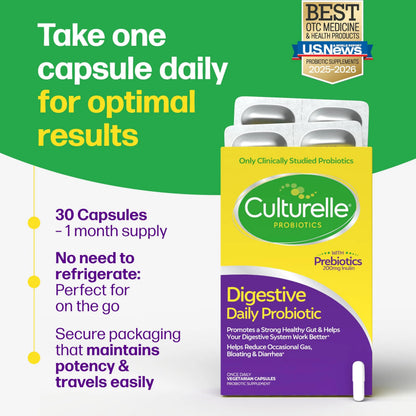 Culturelle Daily Probiotic Capsules For Men & Women, Most Clinically Studied Probiotic Strain, Digestive & Gut Health, Supports Occasional Diarrhea, Gas & Bloating, 1 Month Supply, 30 CT CulturelleBuy Supplements Australia