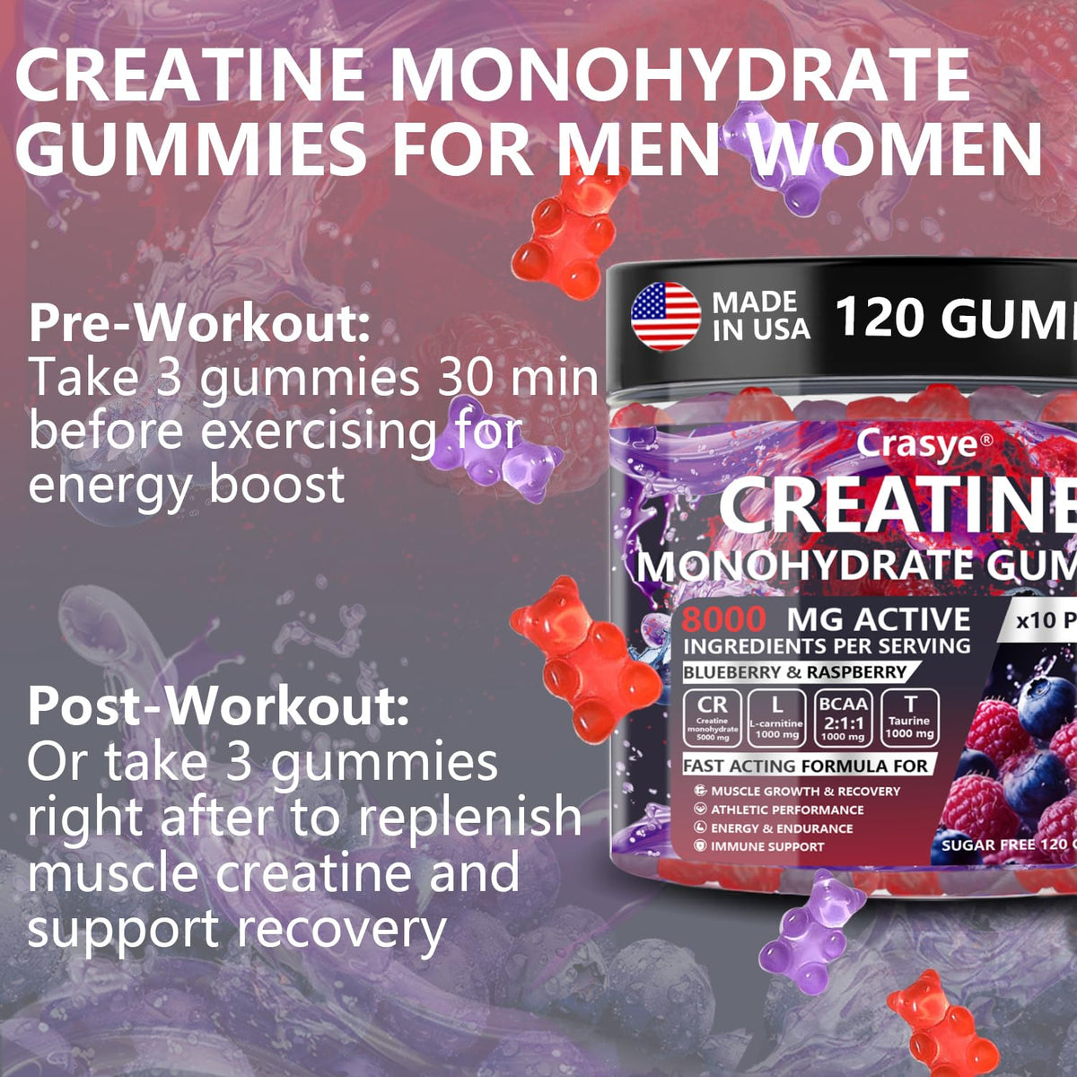 Crasye Creatine Gummies Complex 8000mg for Men and Women Creatine Monohydrate Gummy with BCAA Taurine for Muscle Strength and Energy Boost Sugar CrasyeBuy Supplements Australia