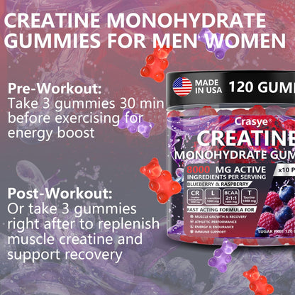 Crasye Creatine Gummies Complex 8000mg for Men and Women Creatine Monohydrate Gummy with BCAA Taurine for Muscle Strength and Energy Boost Sugar CrasyeBuy Supplements Australia
