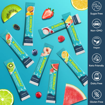 JYNOREX Electrolytes Powder Packets Sugar Free, 30 Sticks High Sodium Hydration Packets, Electrolyte Drink Mix with Lemon Lime Watermelon Peach Berry Kiwi