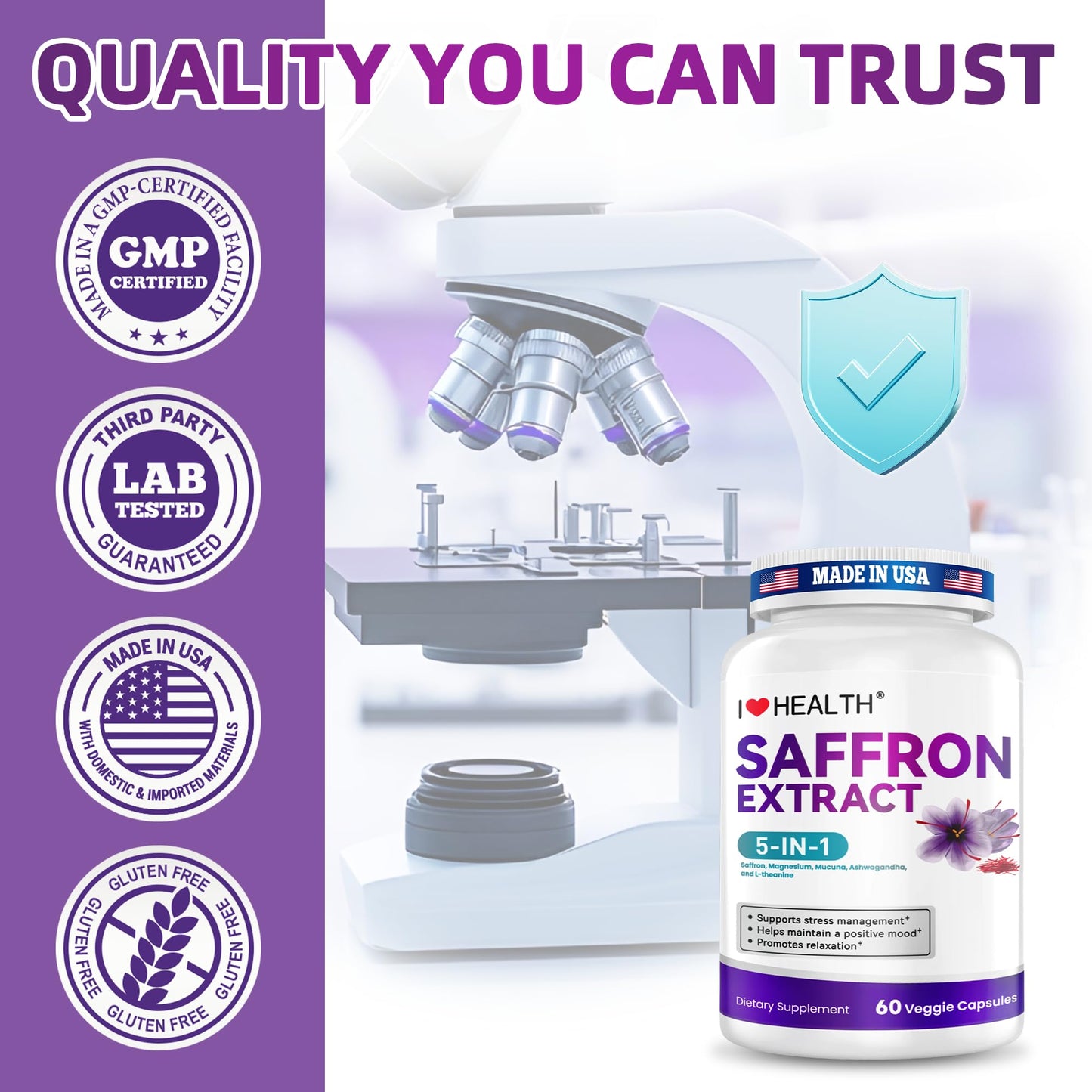 I LOVE HEALTH Saffron Supplement – 88.5mg with Magnesium Glycinate, Ashwagandha & L-Theanine for Stress Relief, Calm Mood & Emotional Balance – Made in USA – 60 Capsules I LOVE HEALTH buy supplements Au