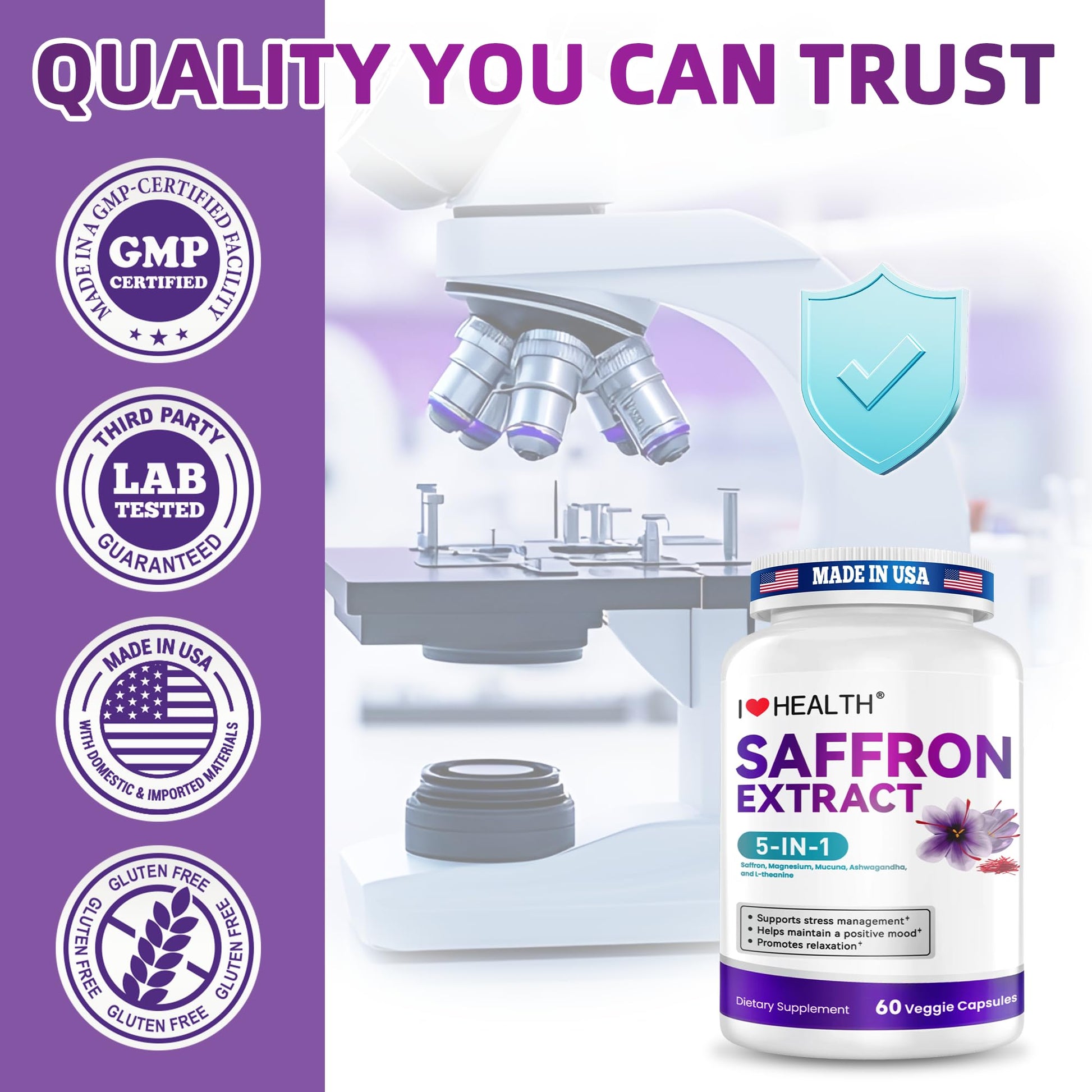 I LOVE HEALTH Saffron Supplement – 88.5mg with Magnesium Glycinate, Ashwagandha & L-Theanine for Stress Relief, Calm Mood & Emotional Balance – Made in USA – 60 Capsules I LOVE HEALTH buy supplements Au