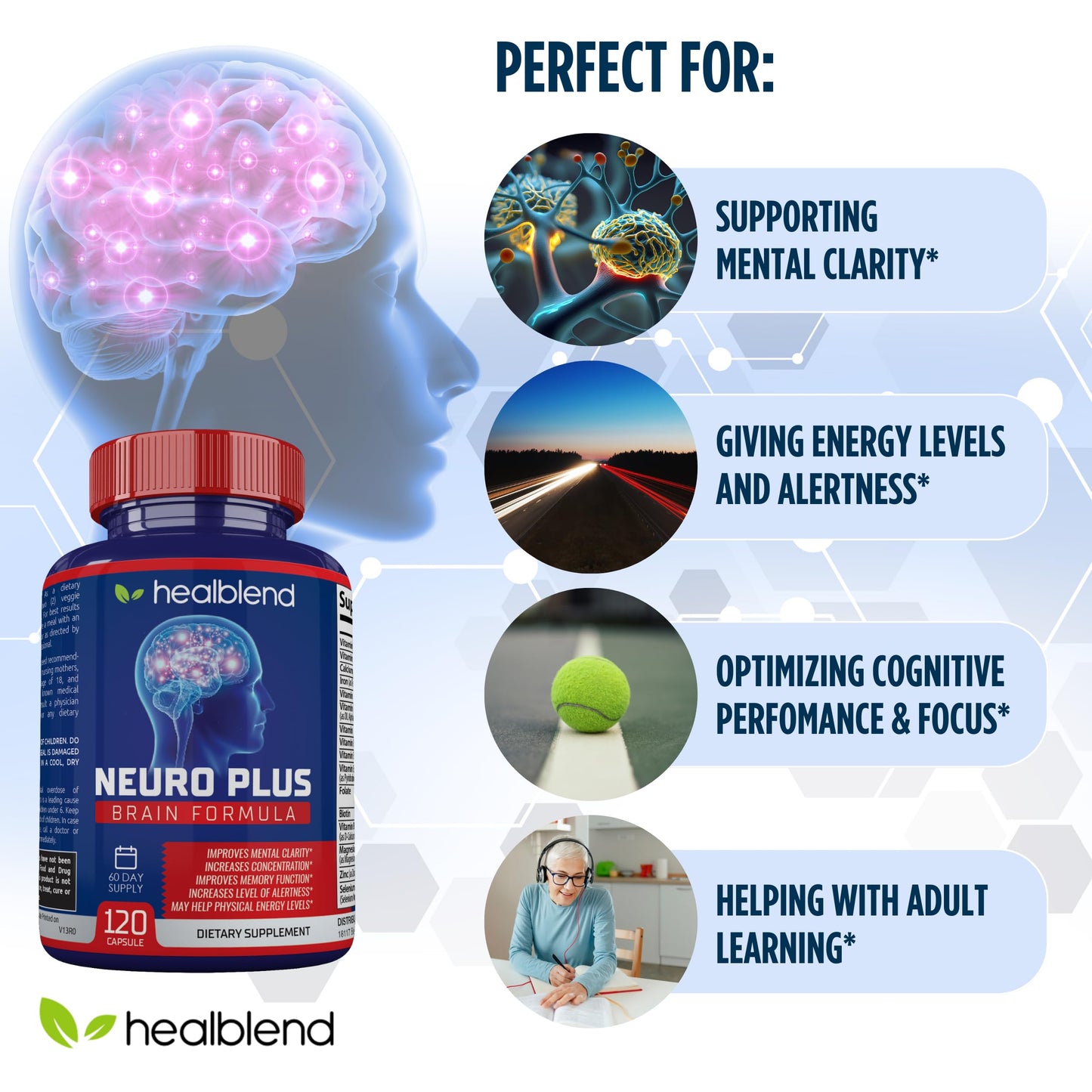 Neuro Plus Brain & Focus Formula - Nootropic Brain Booster Supplement, Supports Brain Health, Mental Clarity & Focus - Enhances Concentration & Mental Energy – 120 Capsules (1) healblendBuy Supplements Australia