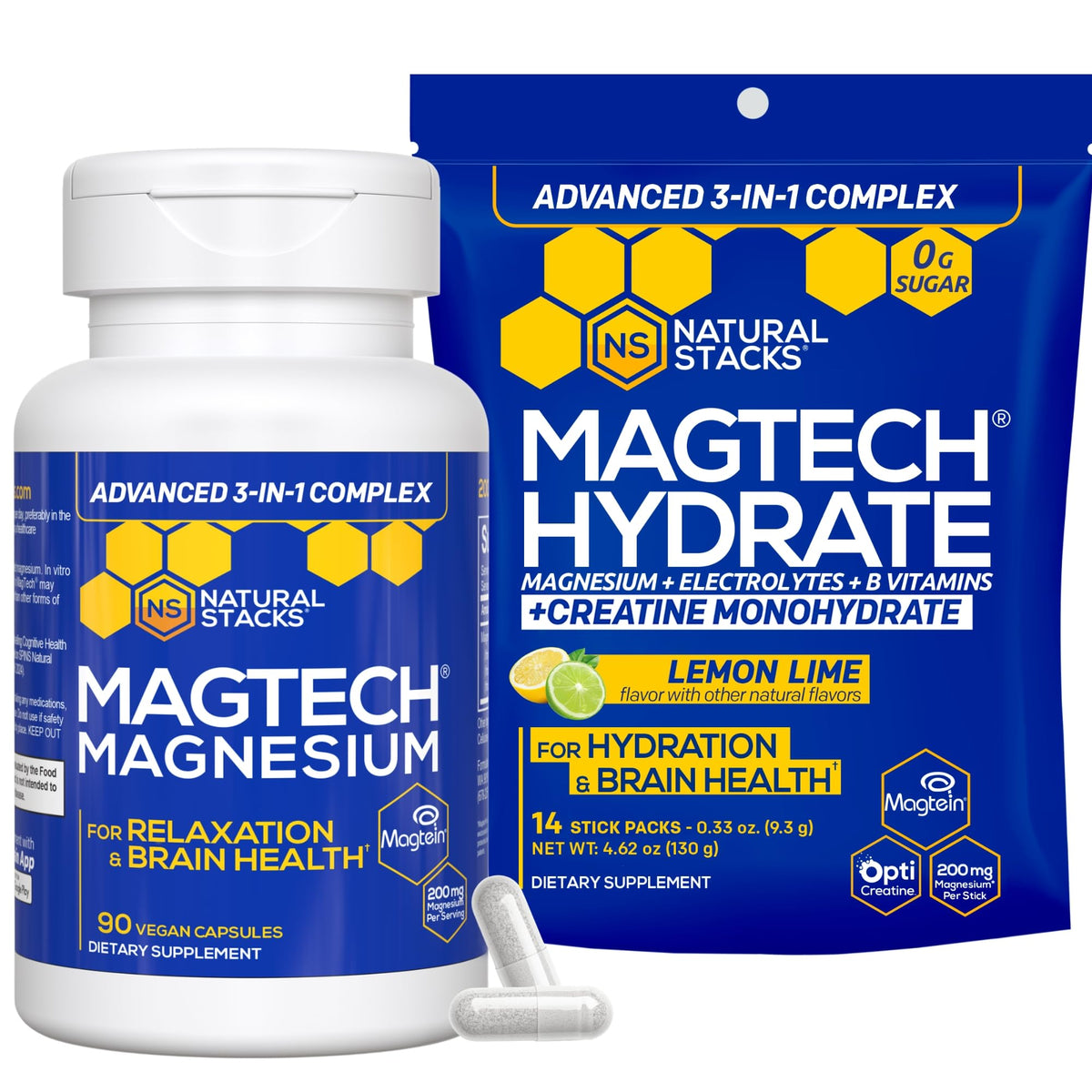 Magtech Magnesium Capsules + Hydration Creatine Powder Lemon Lime Bundle - 3 Forms of Magnesium - Featuring Magtein L-Threonate - Brain Health & Hydration Support* - 44 Total Servings NATURAL STACKSBuy Supplements Australia