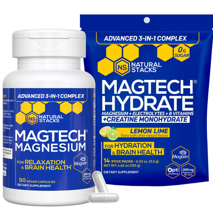 Magtech Magnesium Capsules + Hydration Creatine Powder Lemon Lime Bundle - 3 Forms of Magnesium - Featuring Magtein L-Threonate - Brain Health & Hydration Support* - 44 Total Servings NATURAL STACKSBuy Supplements Australia