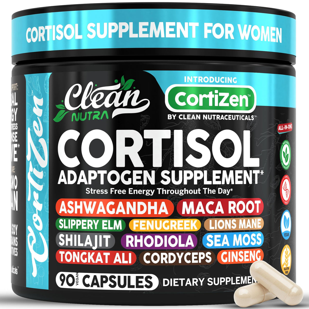 Clean Nutra Cortisol Supplements For Women | Maca Root Ashwagandha Cortisol Detox Manager Reducer + Slippery Elm Fenugreek Lions Mane Shilajit Rhodiola Sea Moss Tongkat Ali Cordyceps Ginseng Beet Root Clean NutraceuticalsBuy Supplements Australia