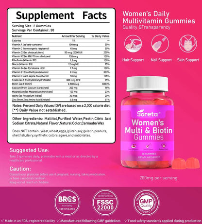 Goreta Women’s Multivitamin Gummies with Biotin 2,500 mcg – 15 Key Nutrients, Sugar-Free Mixed Berry, Pectin-Based, 60 Count GoretaBuy Supplements Australia