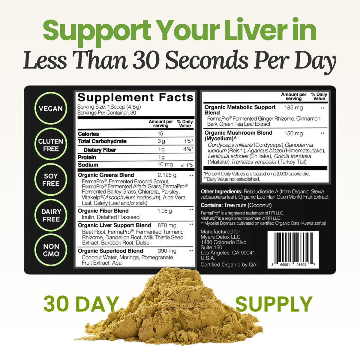 Myers Detox Daily Detox Greens Powder, Organic Superfood Supplement for Detox, Gut Health, Energy, Immune Support, Overall Wellness, Gluten Free Multivitamin Drink Mix,