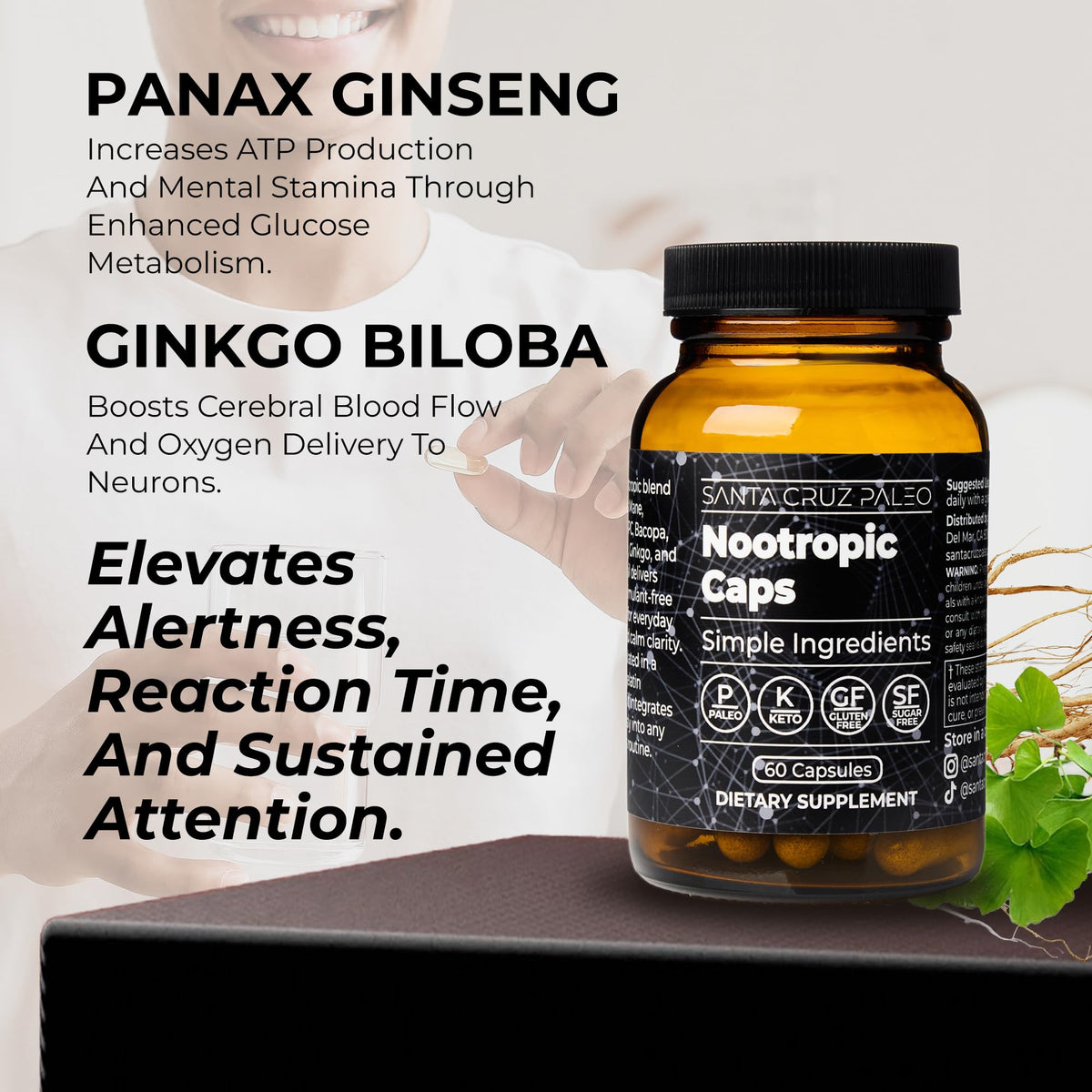 Santa Cruz Paleo Nootropic Capsules – Lions Mane, Alpha GPC, Panax Ginseng & Ginkgo Biloba for Focus, Memory, Mental Clarity & Energy – Keto, Paleo, Gluten Free Brain Supplement, 60 Caps Santa Cruz PaleoBuy Supplements Australia