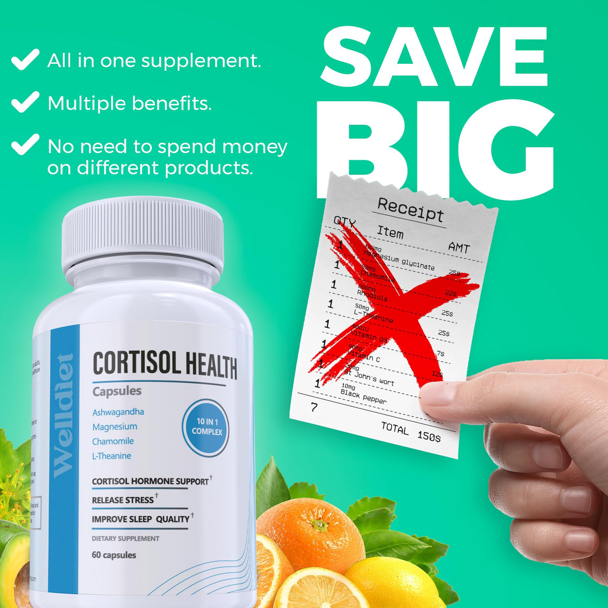 10-in-1 Cortisol Supplements with Magnesium, Ashwagandha, Chamomile, L-Theanine, St. John's Wort, Rhodiola, 60 Capsules, Cortisol Supplements For Women -& Men, Cortisol Reducer, High cortisol WelldietBuy Supplements Australia