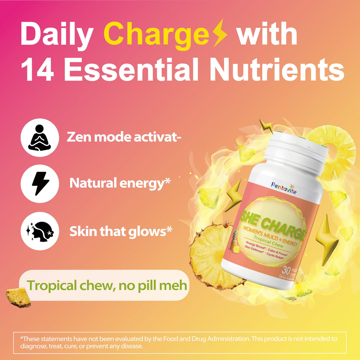 Pentavite She Charge Multivitamin for Women, Pineapple Tropical Chew, Daily Vitamin Supplements with Folate, Support Energy, Calm & Focus, Skin Defense and Cycle PentaviteBuy Supplements Australia