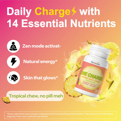 Pentavite She Charge Multivitamin for Women, Pineapple Tropical Chew, Daily Vitamin Supplements with Folate, Support Energy, Calm & Focus, Skin Defense and Cycle PentaviteBuy Supplements Australia