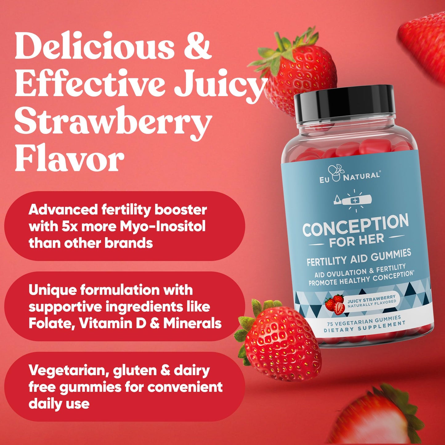 Conception for Her Fertility Gummies - Fertility Supplements for Women with Myo Inositol, Folate & more Essential Nutrients - Delicious Juicy Strawberry Hormone Balance Vitamins, 75 ct Pectin Gummies Eu NaturalBuy Supplements Australia