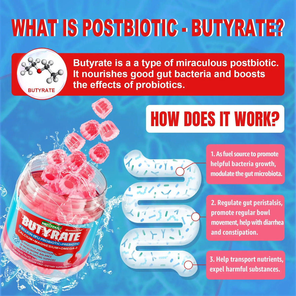 Butyrate Gummies with Probiotic + Prebiotic + Postbiotic, Omega-3 500mg,Fiber with 9 Billion CFU Probiotics, Calcium & Magnesium, Inulin,Psyllium Husk for Digestive Health,Bloating Support,Sugar Free NextdiaBuy Supplements Australia