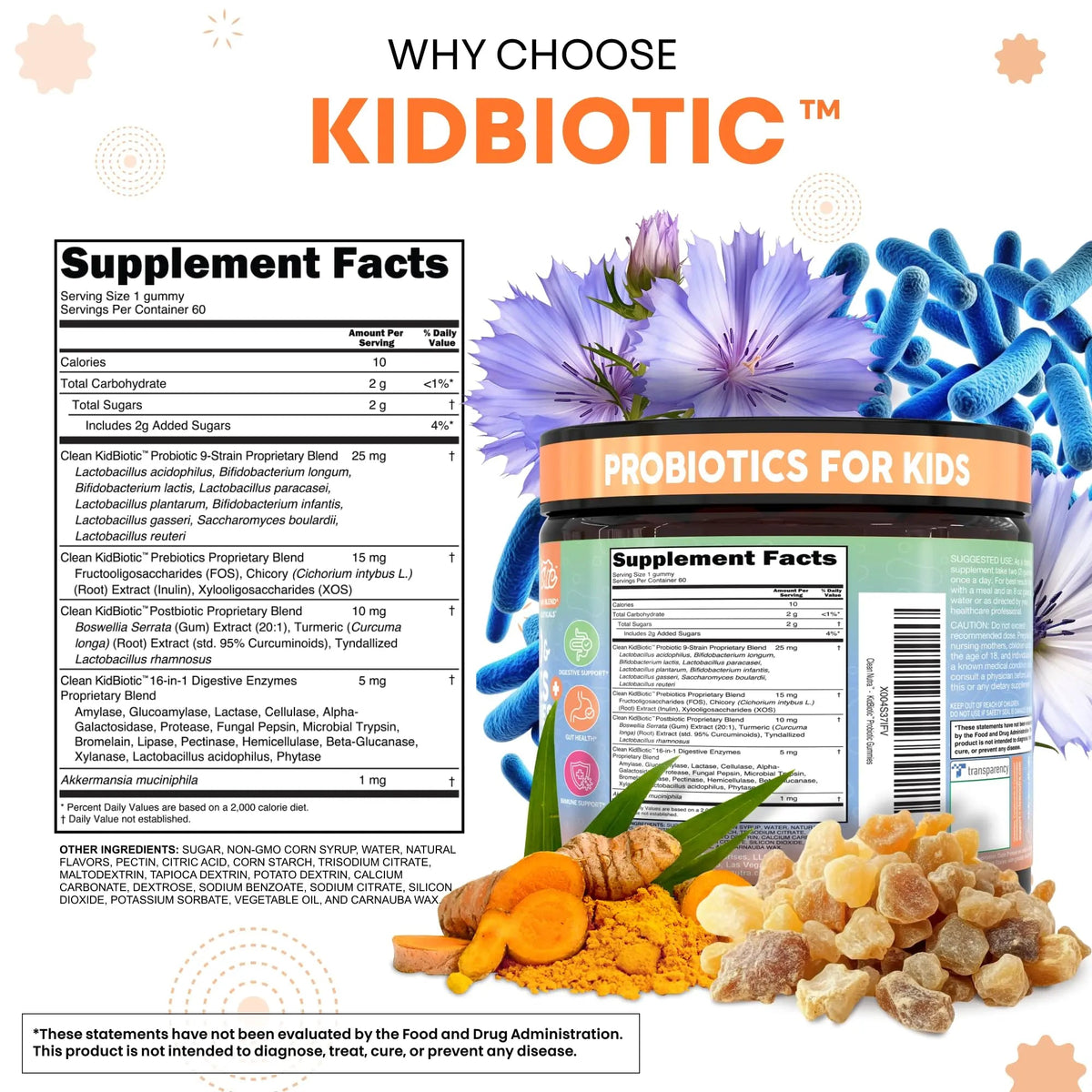 Clean Nutra Kids Probiotics Gummies with Prebiotics, Postbiotics, Digestive Enzymes, Akkermansia, Boswellia Serrata, Turmeric, Chicory – 60 Count – Plant-Based Supplement for Kids – PeachPop Flavor Clean NutraceuticalsBuy Supplements Australia