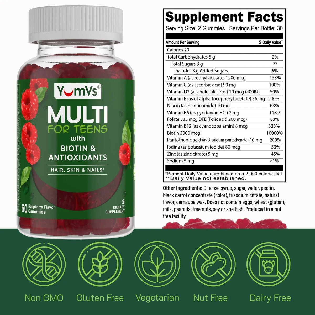 YumVs Teen Multivitamin Gummies with Biotin and Antioxidants - Raspberry Flavor - Hair Skin Nails Support - Kosher Teenager Vitamins YUM-V'SBuy Supplements Australia