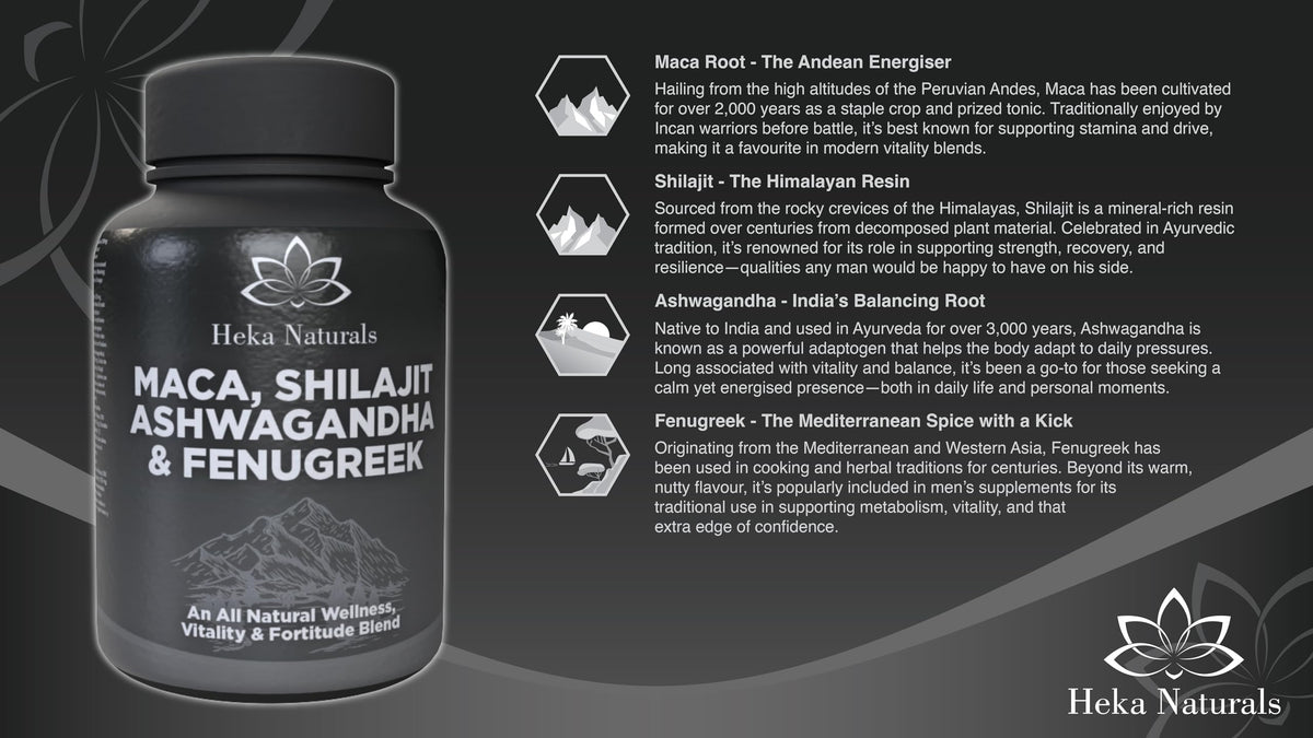 Heka Naturals Male Botanical Complex | 90 Capsules with Ashwagandha, Maca Root, Fenugreek & Shilajit | Traditional Plant-Based Ingredients for Active Lifestyles | Food Supplement Heka NaturalsBuy Supplements Australia