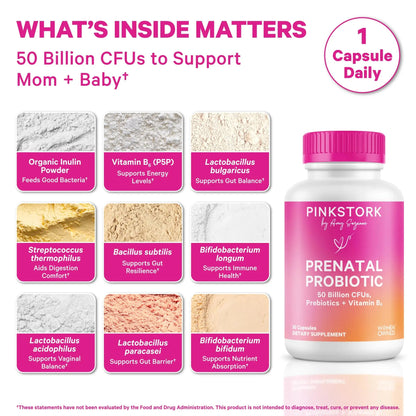 Pink Stork Prenatal Probiotic for Women with 50 Billion CFU | Vitamin B6 & Prebiotics | Pregnancy Probiotics for Morning Sickness | Digestive, Immune, & Gut Health | Vegan & Gluten-Free | 30 Capsules Pink Stork buy supplements Au