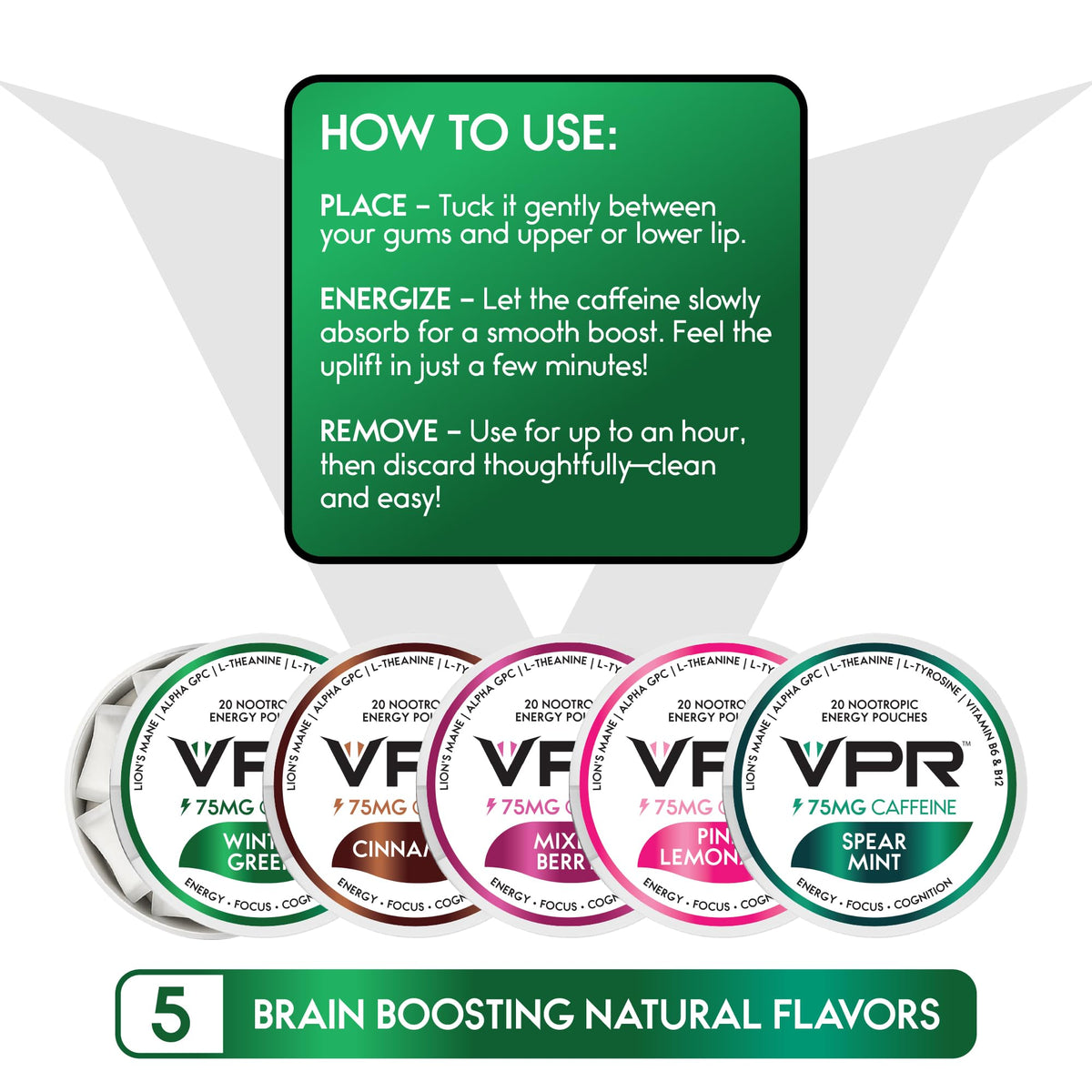 VPR 75MG Caffeine Nootropic Pouches | 20 Count Energy Pouches with Lion's Mane, Alpha-GPC, Vitamin B6 & B12, L-Theanine, and L-Tyrosine | Naturally Flavored Focus Pouches with No Sugar (Variety Pack) VPR EnergyBuy Supplements Australia