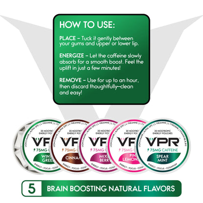 VPR 75MG Caffeine Nootropic Pouches | 20 Count Energy Pouches with Lion's Mane, Alpha-GPC, Vitamin B6 & B12, L-Theanine, and L-Tyrosine | Naturally Flavored Focus Pouches with No Sugar (Variety Pack) VPR EnergyBuy Supplements Australia
