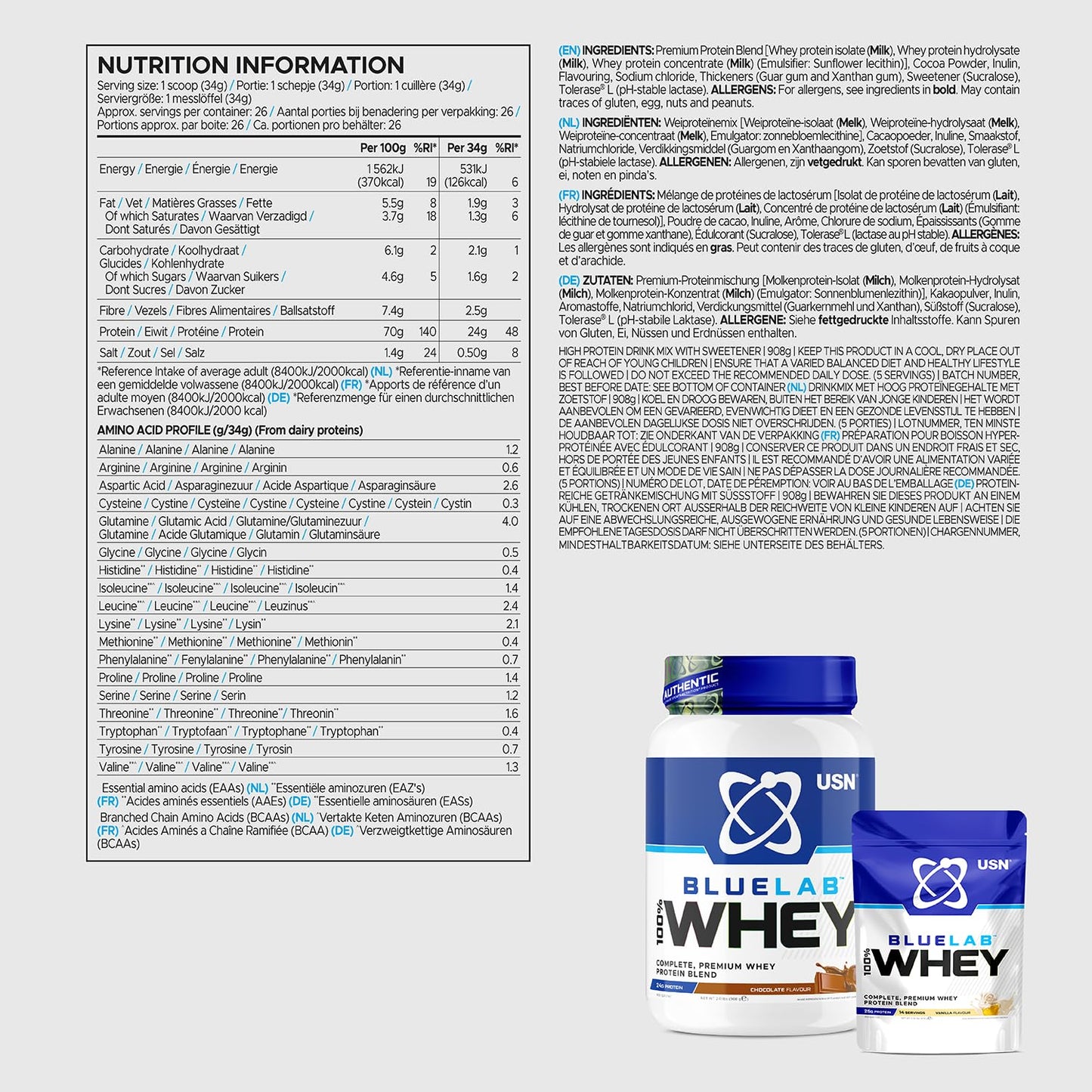 USN Blue Lab Whey Protein Powder: Chocolate - Whey Protein 2kg - Post-Workout USNBuy Supplements Australia