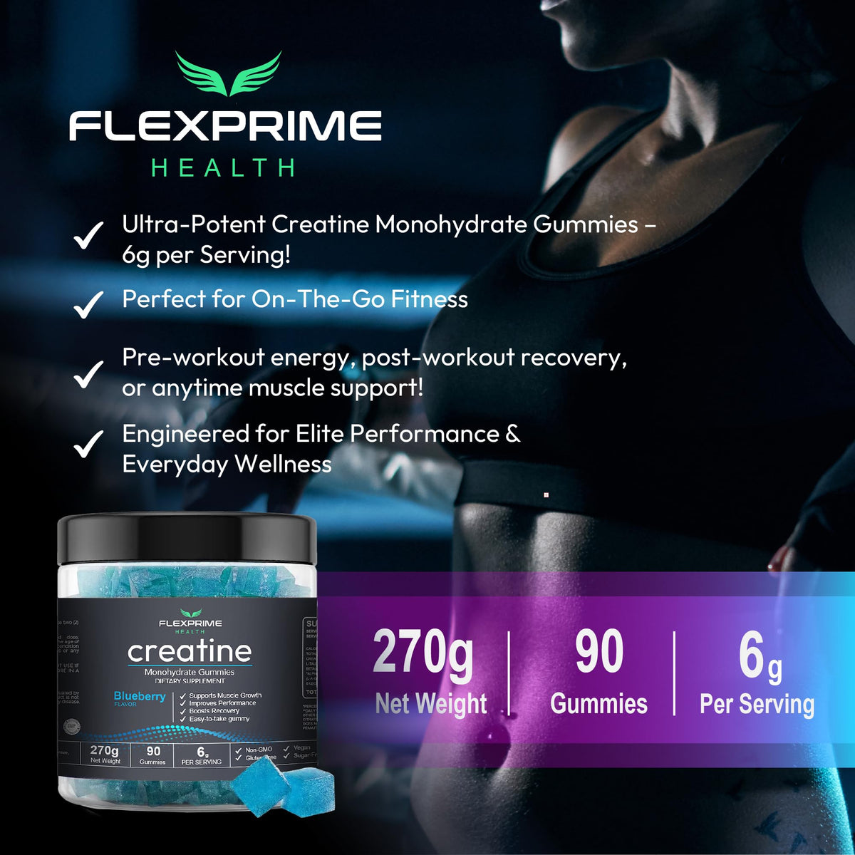 FlexPrime Creatine Gummies Sugar Free - 6g Creatine Monohydrate + L-Taurine, Alpha GPC, Betaine | Vegan Halal Blueberry Chews for Lean Muscle, Strength, Brain Health | Men Women 90 Count FlexPrimeBuy Supplements Australia