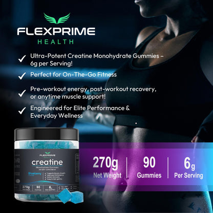 FlexPrime Creatine Gummies Sugar Free - 6g Creatine Monohydrate + L-Taurine, Alpha GPC, Betaine | Vegan Halal Blueberry Chews for Lean Muscle, Strength, Brain Health | Men Women 90 Count FlexPrimeBuy Supplements Australia