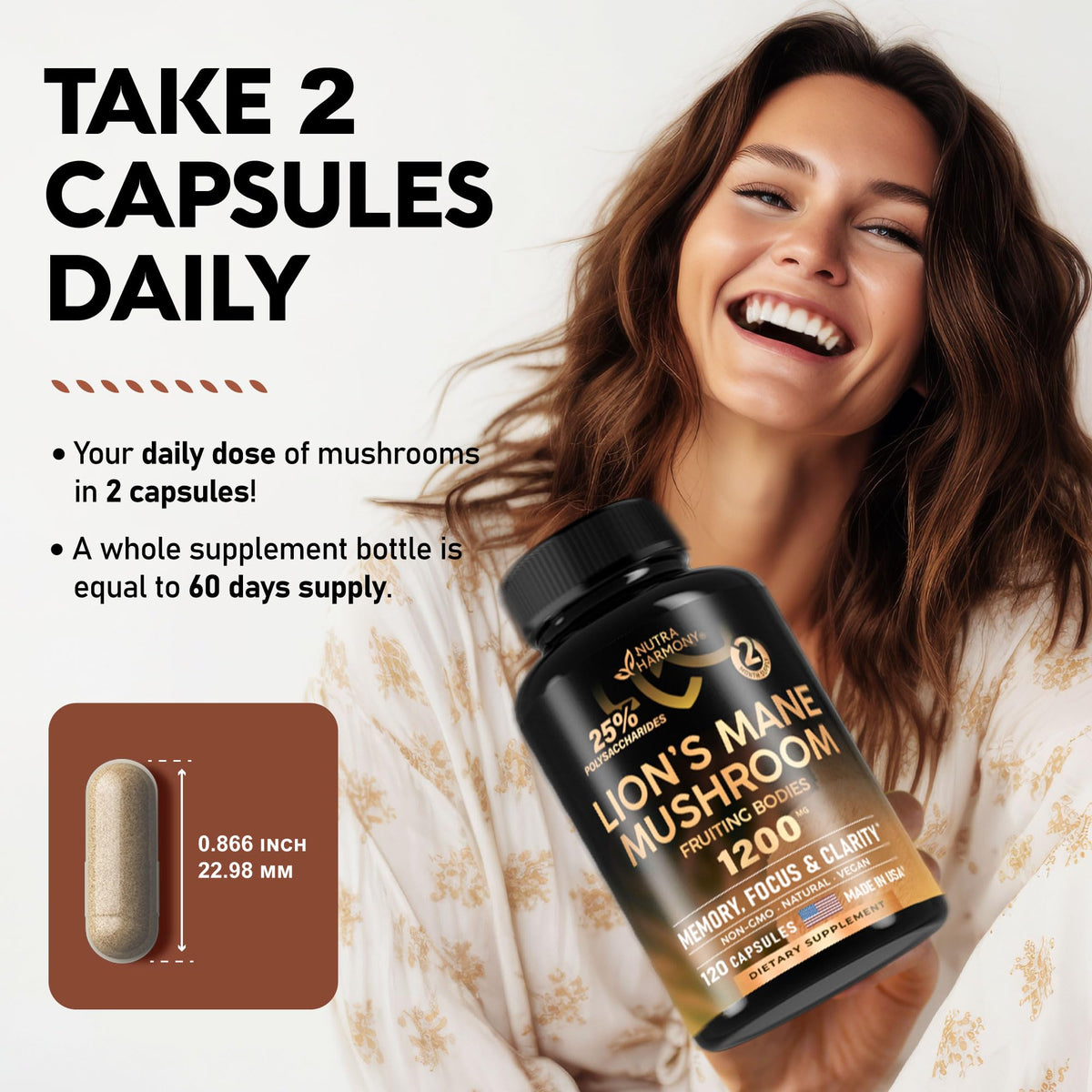 Organic Lions Mane - Certified Mushroom Supplement - Made in USA - Fruiting Bodies NUTRAHARMONYBuy Supplements Australia