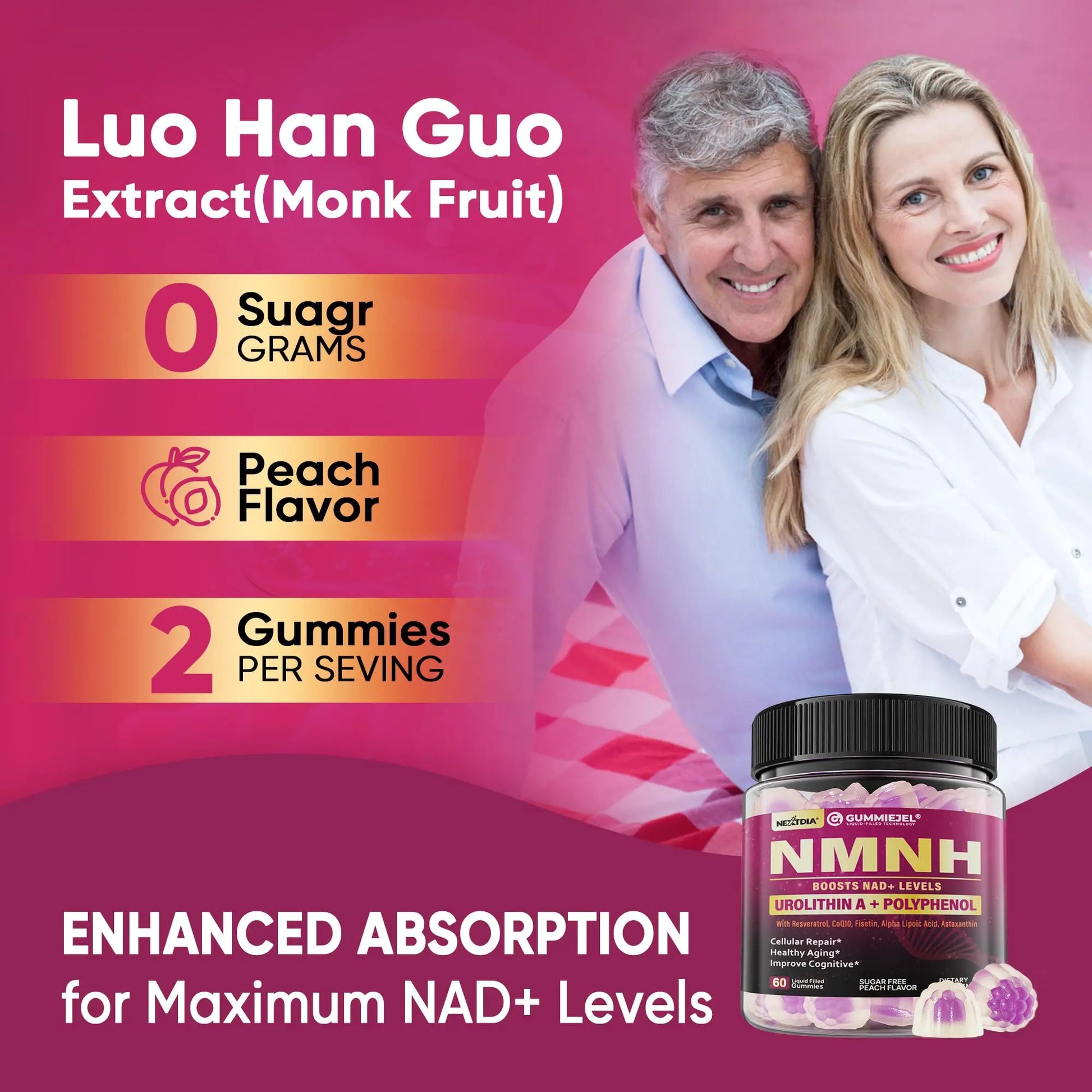 NMNH Gummies 300MG for Longevity with Urolithin A, Polyphenol Blend, Resveratrol, NAD+ Supplement for Women & Men Boost NAD+ Levels, Optimized Aging, Cell, DNA Repair, Energy, Focus, Sugar Free, 60cts NextdiaBuy Supplements Australia