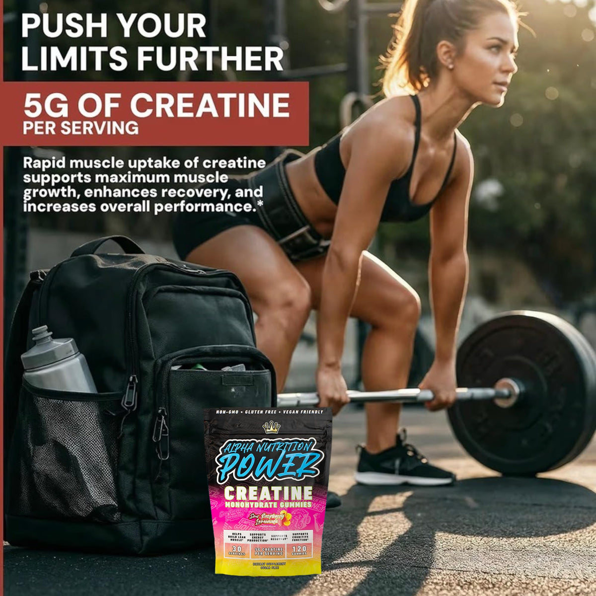 Creatine Monohydrate Gummies 5g - Raspberry Lemonade Flavored Creatine for Women and Men - Supplement for Muscle Gain, Strength, Energy, Cognitive Health, Pre and Post Workout, Recovery, (120 Gummies) Alpha Nutrition PowerBuy Supplements Australia