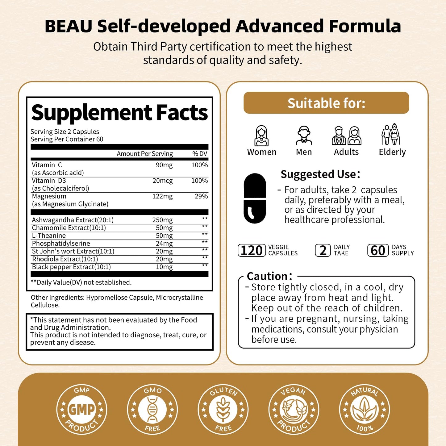 BBEEAAUU Cortisol Supplements for Women & Men - 10-in-1 Cortisol Reducer Manager Detox with Ashwagandha, Magnesium - Lower High Cortisol Levels, Relaxation & Night Support, Non-GMO, 120 Capsules BBEEAAUUBuy Supplements Australia