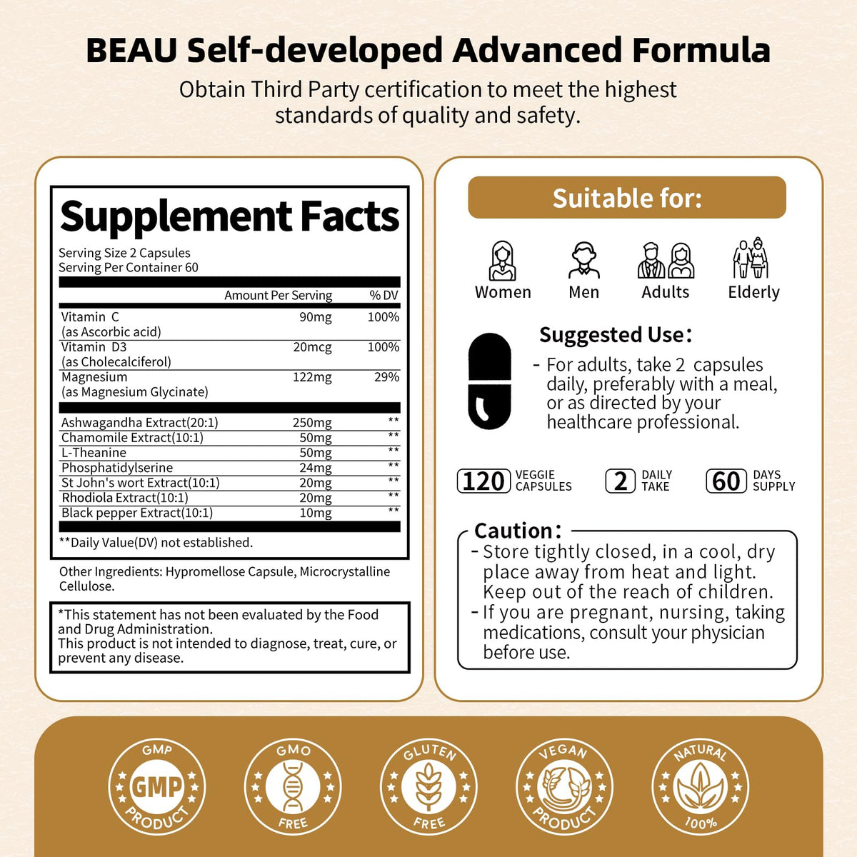 BBEEAAUU Cortisol Supplements for Women & Men - 10-in-1 Cortisol Reducer Manager Detox with Ashwagandha, Magnesium - Lower High Cortisol Levels, Relaxation & Night Support, Non-GMO, 120 Capsules BBEEAAUUBuy Supplements Australia