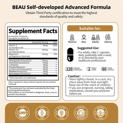 BBEEAAUU Cortisol Supplements for Women & Men - 10-in-1 Cortisol Reducer Manager Detox with Ashwagandha, Magnesium - Lower High Cortisol Levels, Relaxation & Night Support, Non-GMO, 120 Capsules BBEEAAUUBuy Supplements Australia