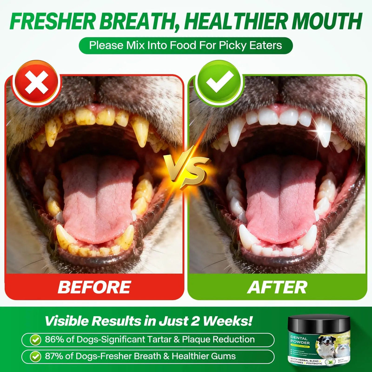 Dog Dental Powder for Teeth Cleaning Plaque & Bad Breath Off, Dental Powder for Dogs Teeth with Natural Herbal Blend & Postbiotics, Dog Teeth Cleaning Powder with Enzymes for Dogs & Cats (3.5oz) AUROSBuy Supplements Australia