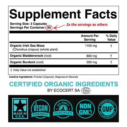 Certified Organic Sea Moss Capsules 2250mg Wildcrafted Irish Sea Moss Burdock Root SPARTISBuy Supplements Australia