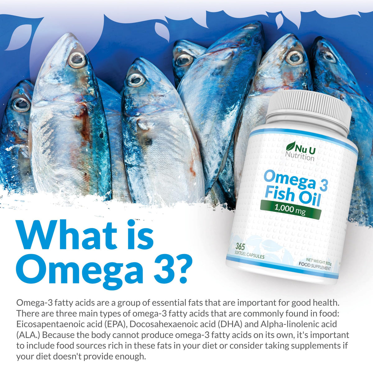 Omega 3 Fish Oil 1000mg - 365 Softgel Capsules - Up to 12 Month’s Supply - Pure Fish Oil Nu U NutritionBuy Supplements Australia