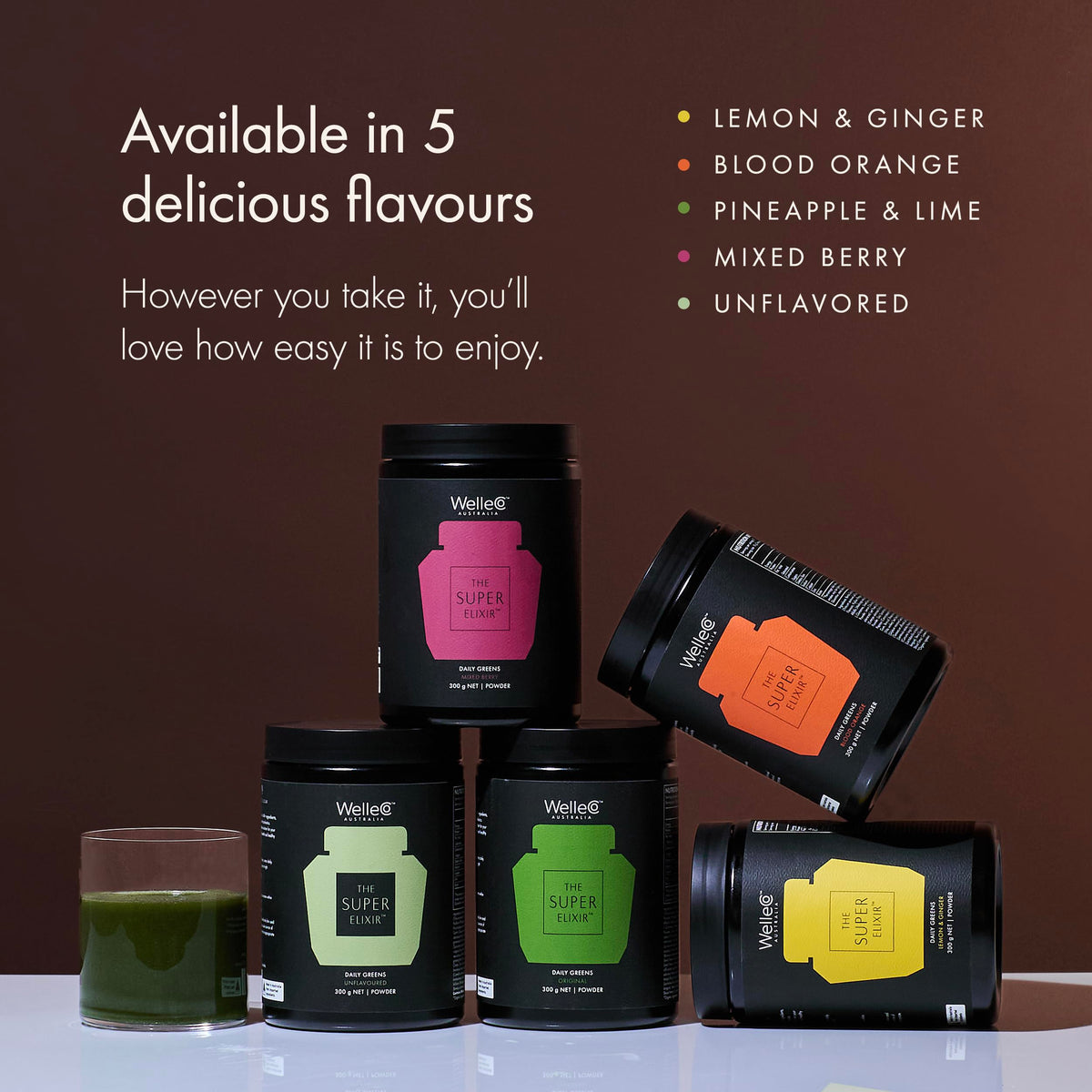 WelleCo The Super Elixir Daily Greens Powder, Probiotic Drink Mix with Whole Foods, Gluten Free, Vegan Gut Health Powder, Energy, Immunity, Healthy Skin, Hair & Nails (Jar, Blood Orange) WelleCoBuy Supplements Australia