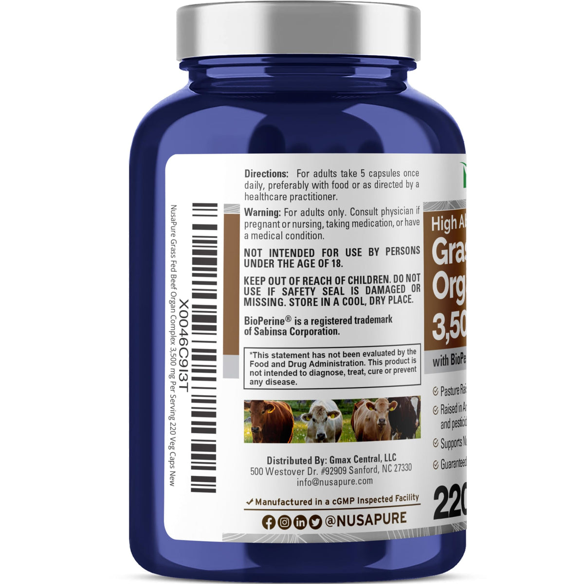 NusaPure Grass Fed Beef Organ Complex | 220 Capsules | Pasture Raised | with Desiccated Liver, Kidney, Pancreas, Heart, Spleen | Soyfree Non-GMO, Bioperine NusaPureBuy Supplements Australia