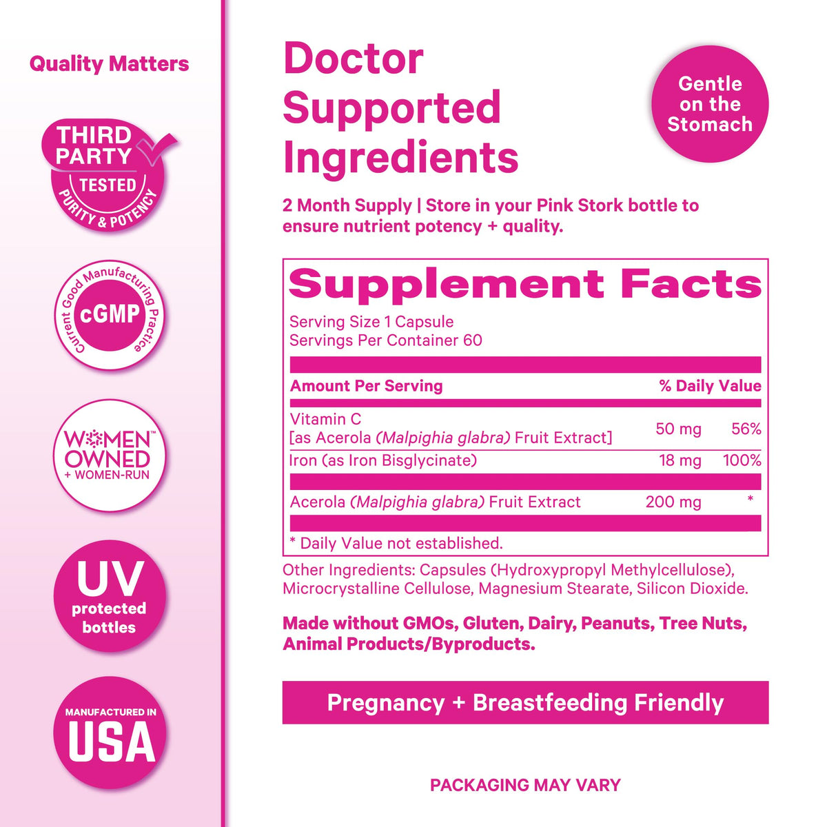Pink Stork Iron for Women – 18 mg Non-Constipating Iron Bisglycinate + Vitamin C for Optimal Absorption – Energy, Focus, & Oxygen Supply – PMS, Pregnancy, Postpartum & Perimenopause - 60 Capsules Pink StorkBuy Supplements Australia