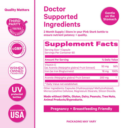 Pink Stork Iron for Women – 18 mg Non-Constipating Iron Bisglycinate + Vitamin C for Optimal Absorption – Energy, Focus, & Oxygen Supply – PMS, Pregnancy, Postpartum & Perimenopause - 60 Capsules Pink StorkBuy Supplements Australia