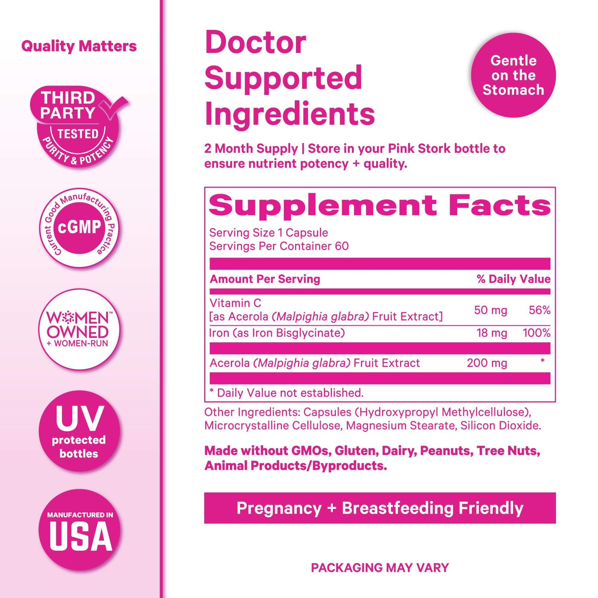 Pink Stork Iron for Women – 18 mg Non-Constipating Iron Bisglycinate + Vitamin C for Optimal Absorption – Energy, Focus, & Oxygen Supply – PMS, Pregnancy, Postpartum & Perimenopause - 60 Capsules Pink StorkBuy Supplements Australia