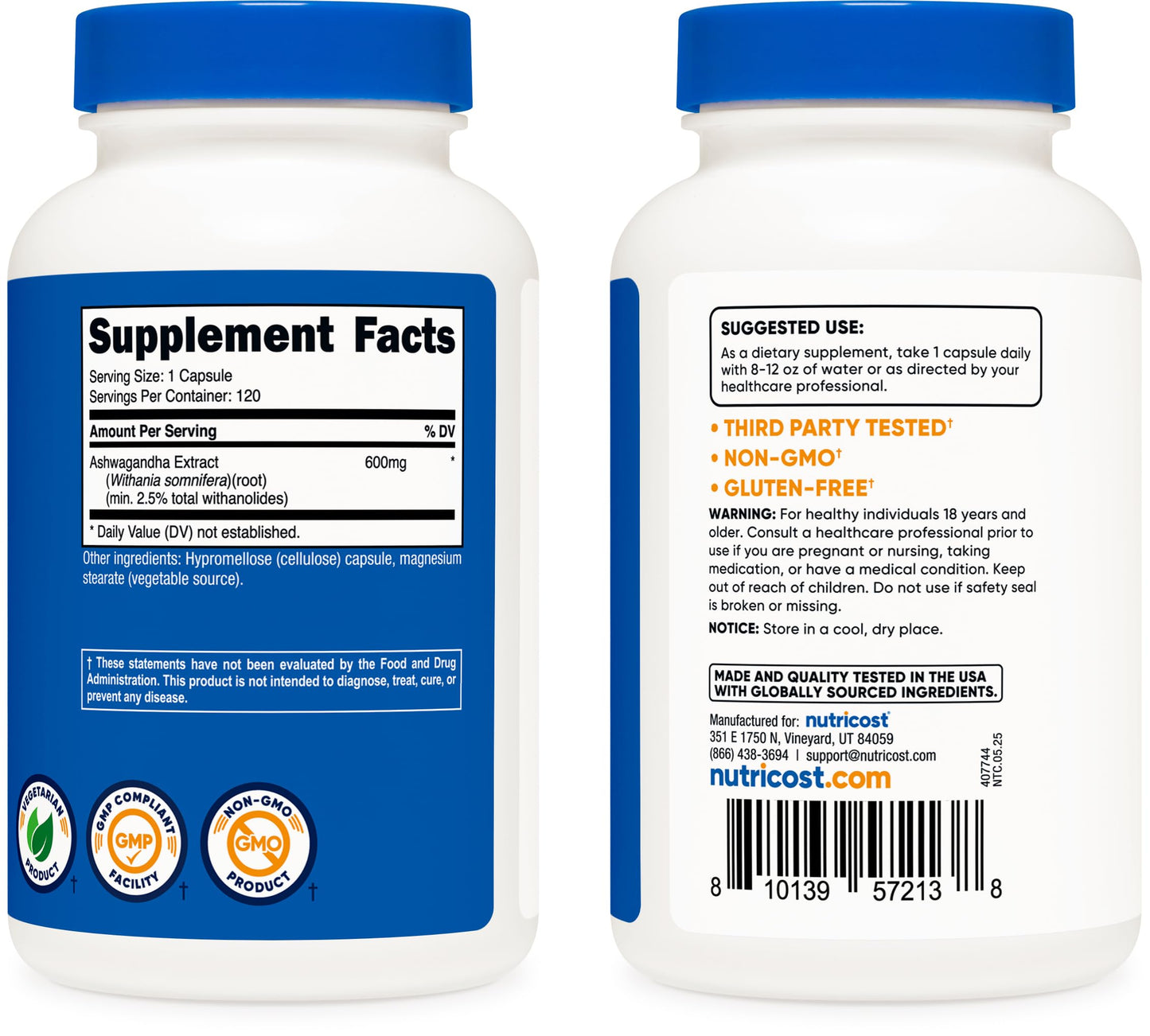 Nutricost Ashwagandha Herbal Supplement 600mg, 120 Capsules - Vegetarian, Non-GMO, Gluten Free, Ashwagandha Root NutricostBuy Supplements Australia