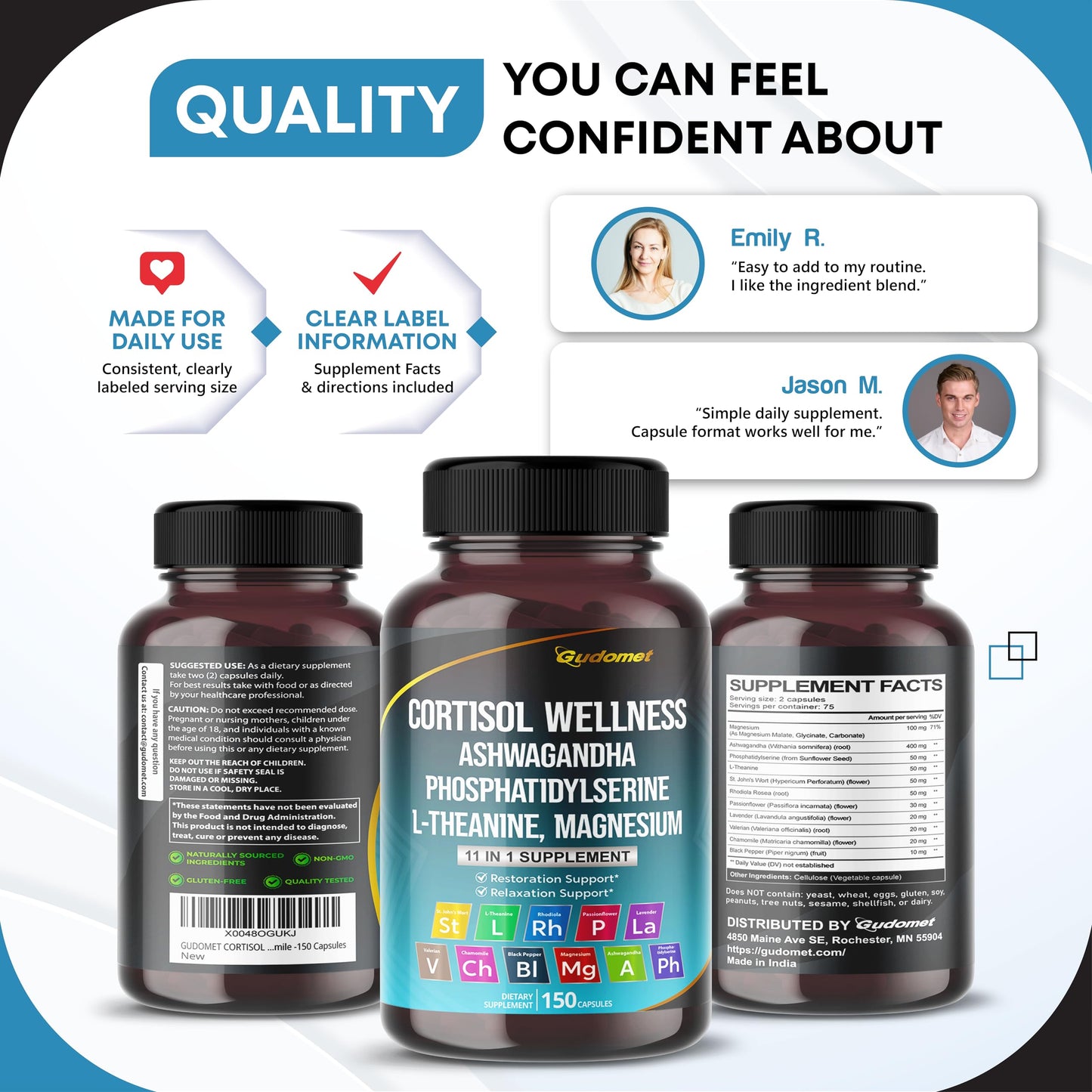 GUDOMET CORTISOL Wellness Magnesium Ashwagandha L-Theanine Phosphatidylserine Rhodiola Rosea Passionflower Lavender Chamomile -150 Capsules GUDOMETBuy Supplements Australia
