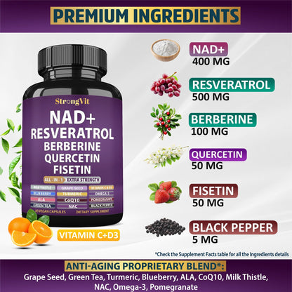 NAD Resveratrol Supplement with Berberine, Quercetin, CoQ10. Anti-Aging Formula for Women & Men. Liposomal NAD Plus, NAD+ Booster, Pure Organic Vitamin, USA StrongVitBuy Supplements Australia