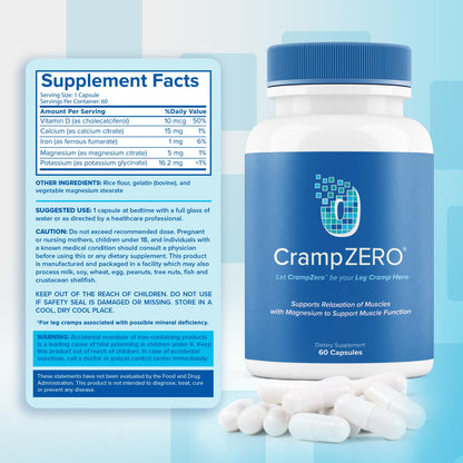 CrampZero Magnesium for Leg Cramps at Night – Potassium Magnesium Supplement with Calcium and Vitamin D3, Supports Muscle Relaxation and Function, Night Leg Cramps Relief, 60 Capsules CrampZeroBuy Supplements Australia