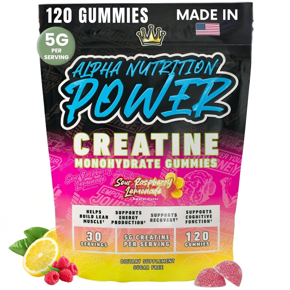 Creatine Monohydrate Gummies 5g - Raspberry Lemonade Flavored Creatine for Women and Men - Supplement for Muscle Gain, Strength, Energy, Cognitive Health, Pre and Post Workout, Recovery, (120 Gummies) Alpha Nutrition PowerBuy Supplements Australia