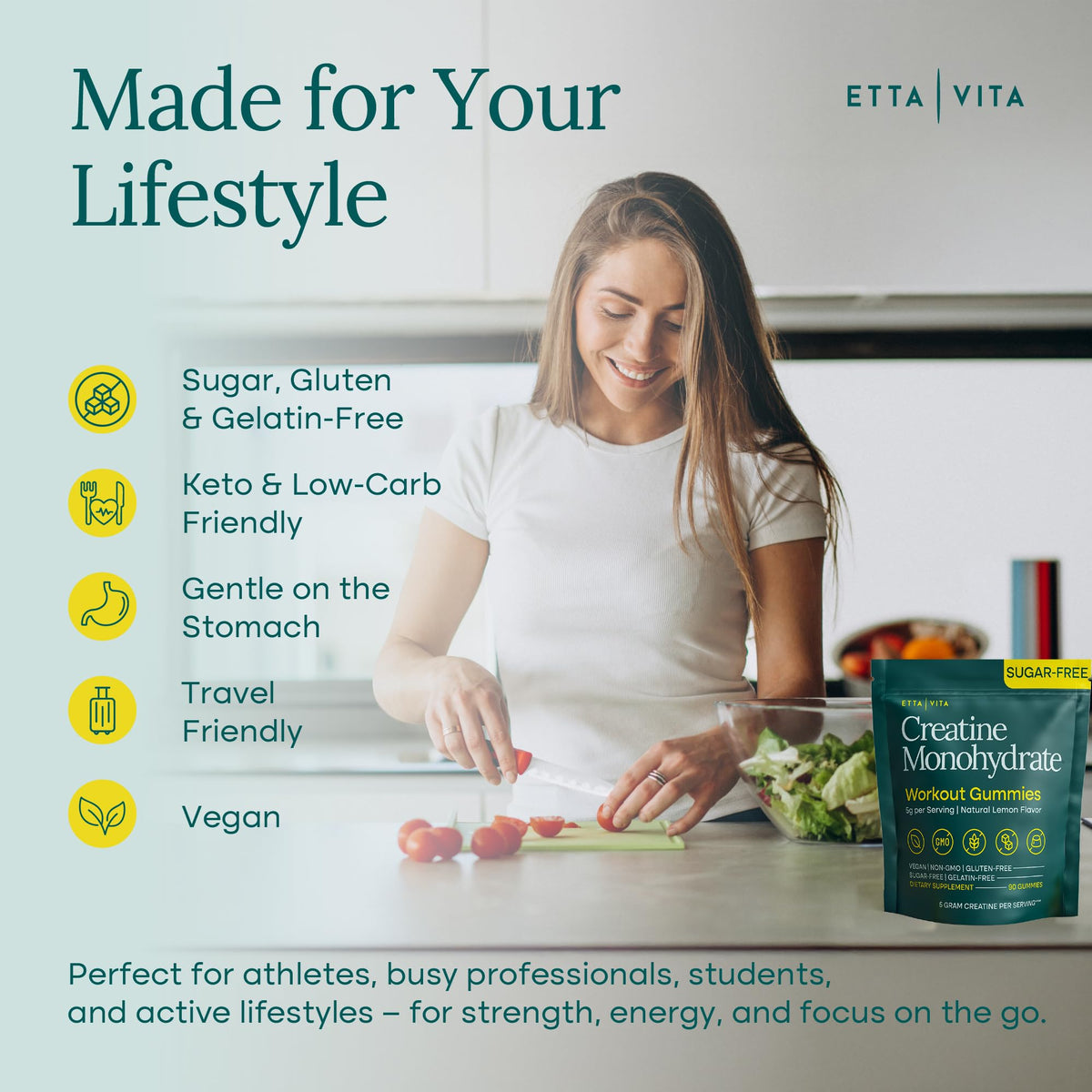 Sugar-Free Creatine Monohydrate Gummies 5gram per Serving, Potent Creatine Gummies for Women & Men, Supplement for Muscle Support, Cellular Energy & Cognitive Function [Lemon Drops Candy Flavor] Etta VitaBuy Supplements Australia