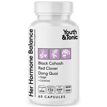 Youth & Tonic Her Hormone Balance – Menopause Supplement for Women, Perimenopause Support, Non-Hormonal Herbal Formula with Black Cohosh for Hot Flashes & Night Sweats, 60 Capsules Youth & TonicBuy Supplements Australia