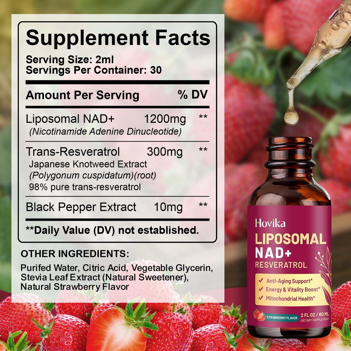 Liposomal NAD Supplement - 1200mg NAD+ Liquid Drops for Women & Men with Resveratrol, Black Pepper Extract - Support Anti-Aging, Brain & Cellular Mitochondrial Health - 2 Fl Oz, Strawberry Flavor HovikaBuy Supplements Australia