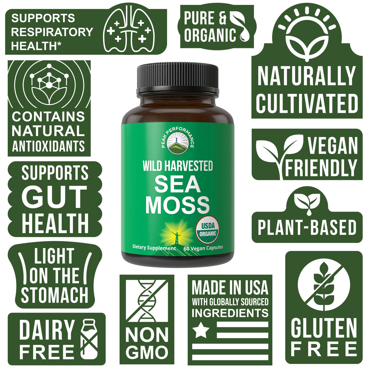 Organic Sea Moss Capsules. Wild Harvested Sea Moss Raw Organic Vegan Supplement from Red Algae Seaweed. 100% Whole Extract Raw Irish SeaMoss Superfood Pills. for Gut, Respiratory, Immune Support. Peak PerformanceBuy Supplements Australia